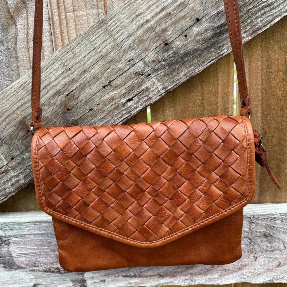 Woven Leather Crossbody Bag in Cognac Brown
